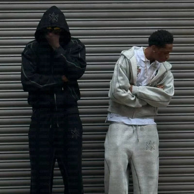 طقم سويت شيرت بقلنسوة وبنطال رياضي كاجوال بسحاب من أمريكا Y2K مكون من قطعتين، سويت شيرت هيب هوب مطرز كبير الحجم للرجال والنساء، بنطلون كاجوال