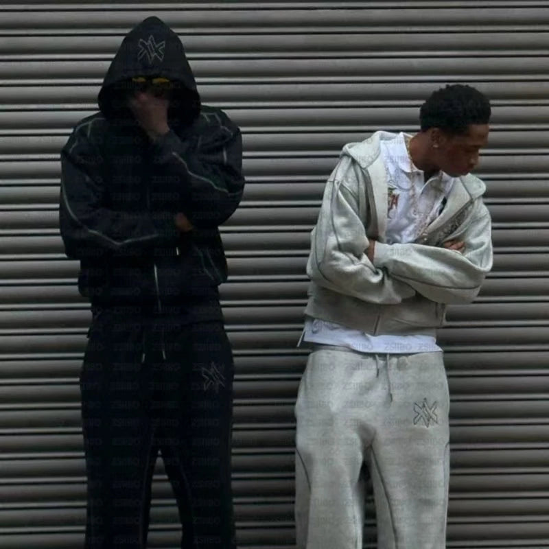 طقم سويت شيرت بقلنسوة وبنطال رياضي كاجوال بسحاب من أمريكا Y2K مكون من قطعتين، سويت شيرت هيب هوب مطرز كبير الحجم للرجال والنساء، بنطلون كاجوال