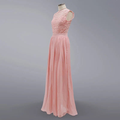 فساتين وصيفات العروس الكلاسيكية الوردية الأنيقة من الدانتيل والشيفون على شكل حرف A وظهر وهمي ماكسي رسمي لحفلات الزفاف والسهرة الرسمية