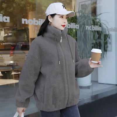 معطف نسائي شتوي دافئ من الصوف المرجاني المزدوج بياقة واقفة ومعطف سميك من القطيفة ملابس نسائية أنيقة كاجوال بأكمام طويلة وسحاب