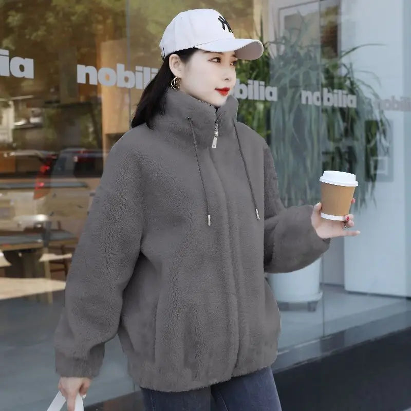 معطف نسائي شتوي دافئ من الصوف المرجاني المزدوج بياقة واقفة ومعطف سميك من القطيفة ملابس نسائية أنيقة كاجوال بأكمام طويلة وسحاب