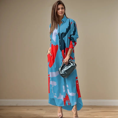 فستان طويل أنيق مثير بفتحة جانبية وياقة مطوية ومطبوع بأكمام طويلة وجيب وصدر واحد