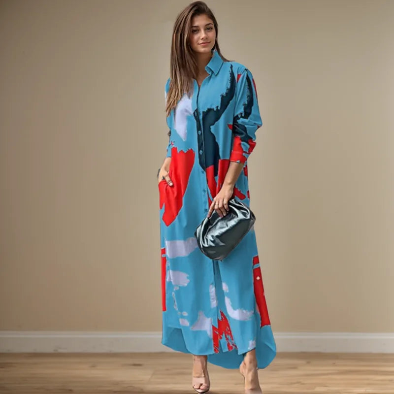 فستان طويل أنيق مثير بفتحة جانبية وياقة مطوية ومطبوع بأكمام طويلة وجيب وصدر واحد