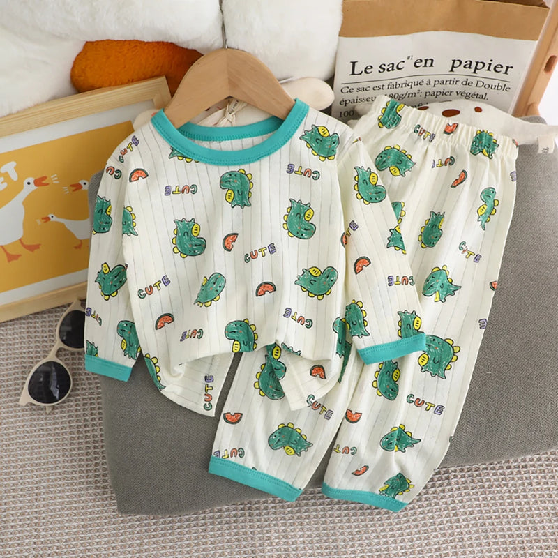 طقم بيجامات صيفي لطيف ومريح للأطفال بأكمام طويلة وملابس نوم قطنية وغرف مكيفة