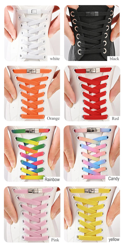 أربطة أحذية بدون رباط مقاس 8 مم، أربطة أحذية بقفل ضاغط بدون رباط، أربطة مرنة للأحذية الرياضية للأطفال والكبار، أربطة أحذية مسطحة واسعة للأحذية