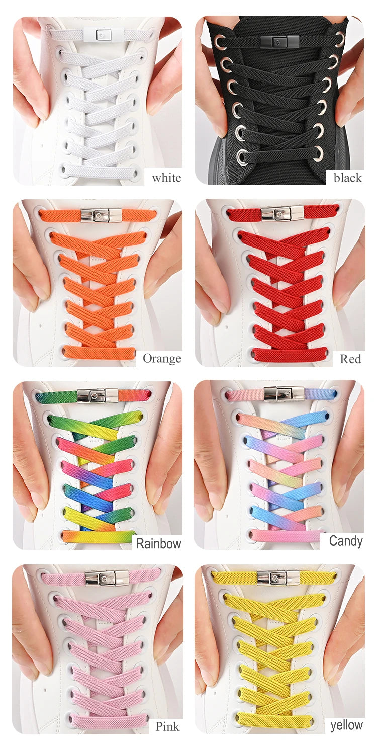 أربطة أحذية بدون رباط مقاس 8 مم، أربطة أحذية بقفل ضاغط بدون رباط، أربطة مرنة للأحذية الرياضية للأطفال والكبار، أربطة أحذية مسطحة واسعة للأحذية