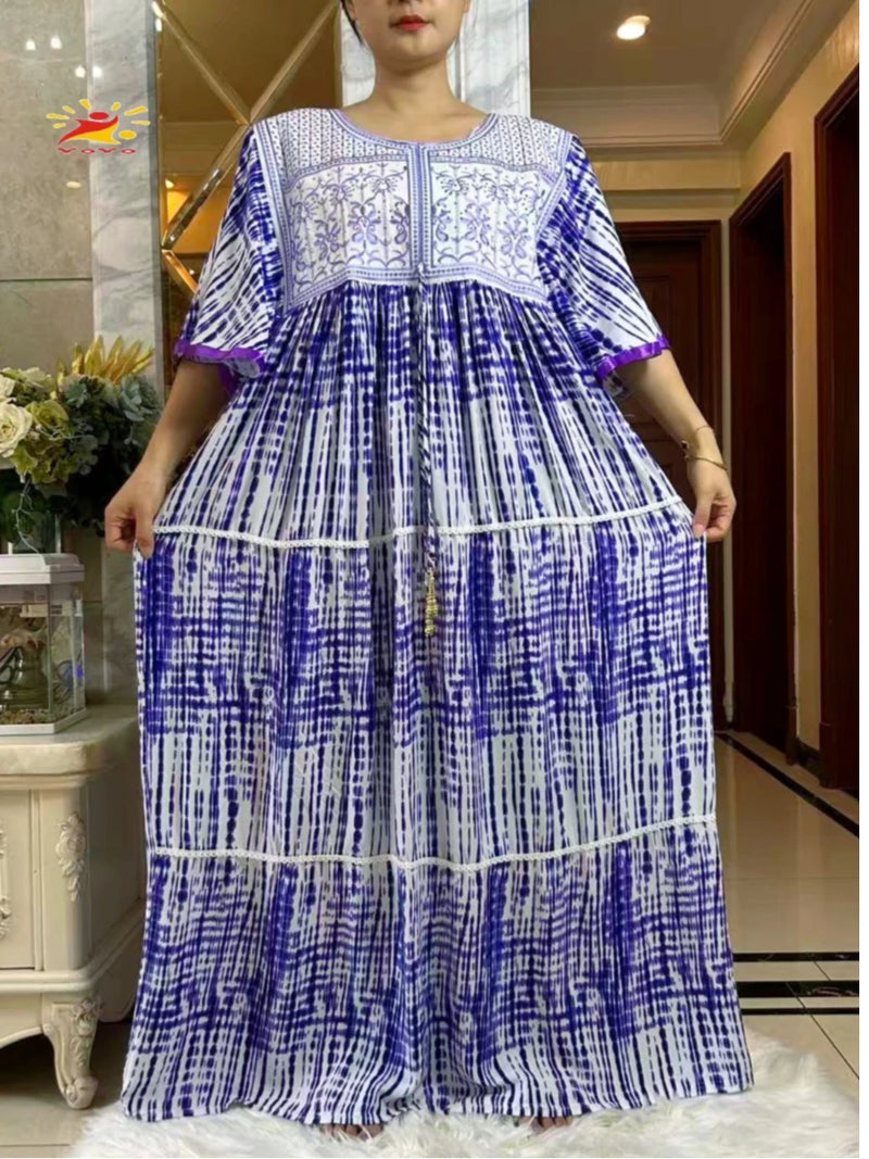 فستان صيفي جديد لعام 2025 عباية إسلامية بأكمام قصيرة وخصر مجمع مزهر فضفاض من بوبو ماكسي إسلامي للنساء ملابس عباية أفريقية