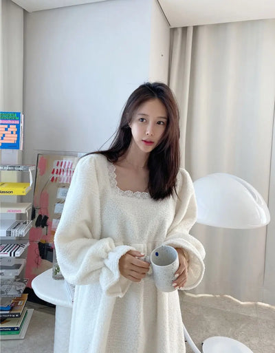 قميص نوم شتوي بأكمام طويلة من الفلانيل للنساء، ملابس نوم فضفاضة سادة، ملابس نوم سميكة ودافئة، ملابس نوم منزلية مريحة