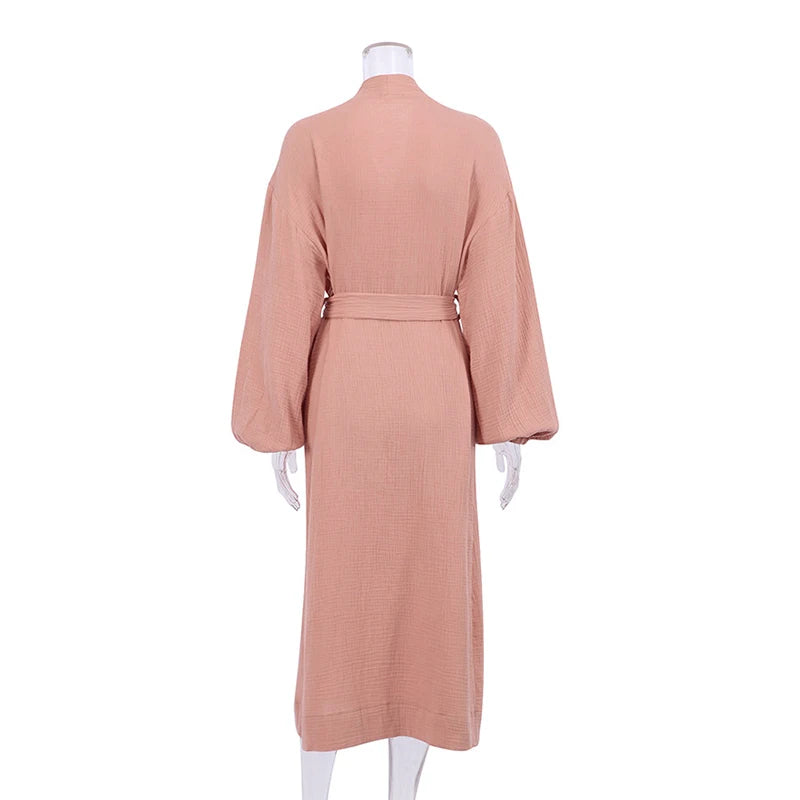 أردية حمام نسائية طويلة من قماش الموسلين 100% قطن، شاش، بأكمام طويلة، كاجوال فضفاضة، قابلة للتنفس، ضمادة صلبة، ملابس نوم ماكسي