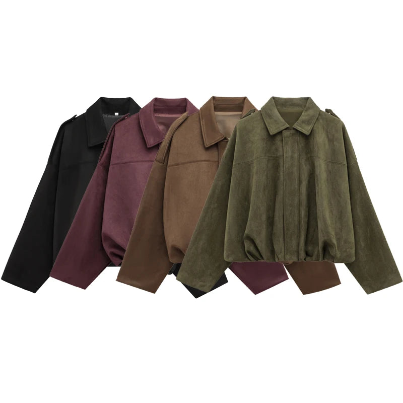 جاكيت بومبر نسائي من HXAO، بأكمام طويلة، وسحاب، من جلد الغزال، جاكيت نسائي قصير من High Street لعام 2025، معاطف، ملابس خارجية