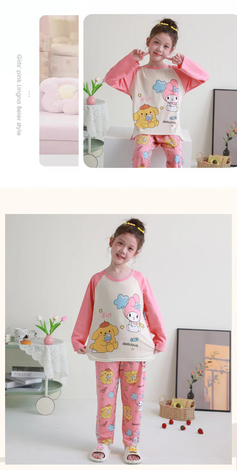 بيجامات أطفال من سانريو كورومي ماي ميلودي كاواي بوشاكو سينامورول قطن خالص بأكمام طويلة طقم ملابس نوم منزلي للأطفال برسومات كرتونية