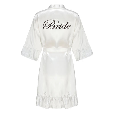رداء زفاف العروس ووصيفة العروس للنساء هدايا حفلات الزفاف فستان الفريق ثوب حرير ساتان ملابس نوم كيمونو مع كشكشة حرف أبيض