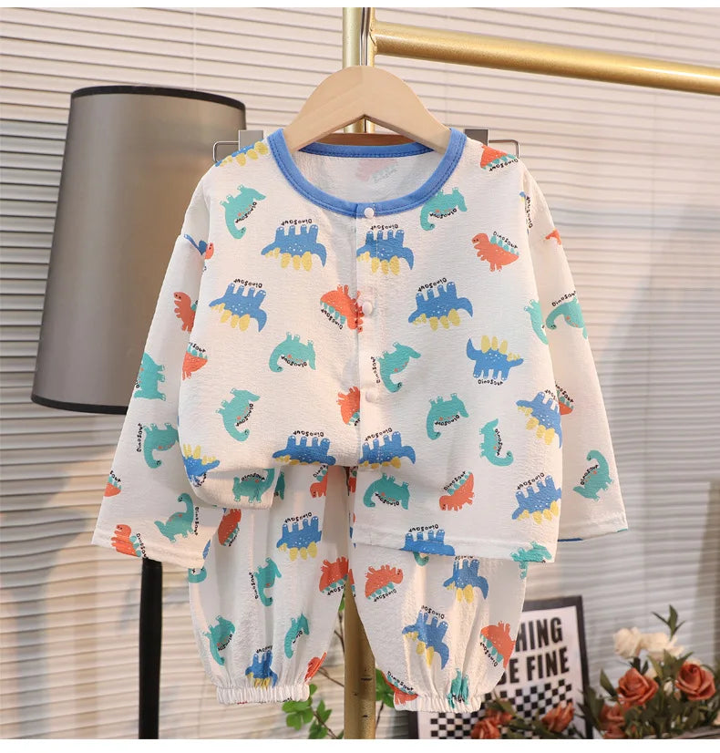 ملابس نوم جديدة للأطفال برسومات كرتونية لطيفة، قطعتين، بيجامات منزلية رقيقة للربيع والصيف للأولاد والبنات، ملابس مكيفة