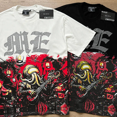 تي شيرت رجالي ونسائي فضفاض كاجوال برقبة دائرية وأكمام قصيرة، مطبوع عليه ملاك من High Street Fashion Hot Drill Streetwear MIXED EMOTION