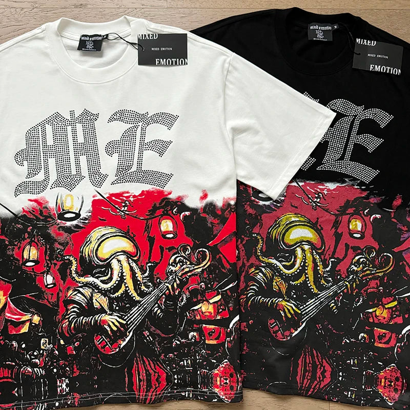 تي شيرت رجالي ونسائي فضفاض كاجوال برقبة دائرية وأكمام قصيرة، مطبوع عليه ملاك من High Street Fashion Hot Drill Streetwear MIXED EMOTION