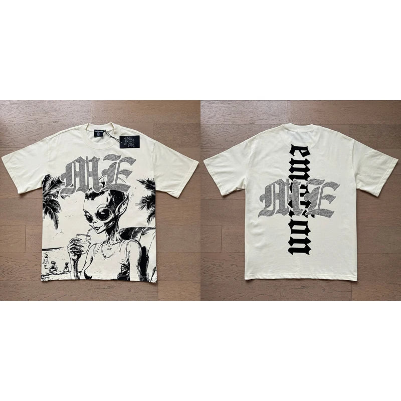 تي شيرت رجالي ونسائي فضفاض كاجوال برقبة دائرية وأكمام قصيرة، مطبوع عليه ملاك من High Street Fashion Hot Drill Streetwear MIXED EMOTION