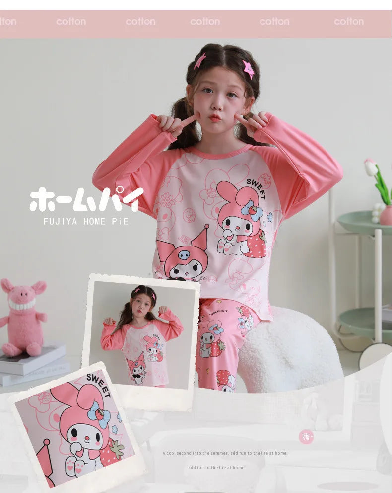 بيجامات أطفال من سانريو كورومي ماي ميلودي كاواي بوشاكو سينامورول قطن خالص بأكمام طويلة طقم ملابس نوم منزلي للأطفال برسومات كرتونية