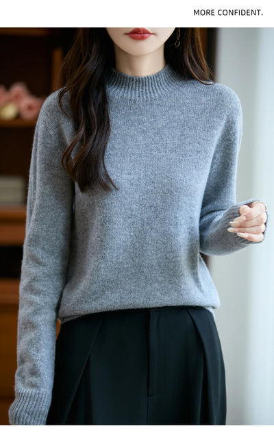 سترة نسائية أساسية للخريف والشتاء أنيقة سميكة من صوف ميرينو 100% محبوكة برقبة وهمية وملابس بأكمام طويلة