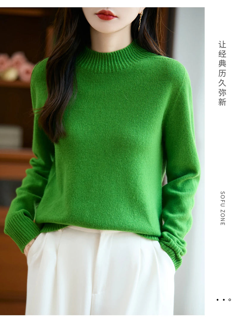 سترة نسائية أساسية للخريف والشتاء أنيقة سميكة من صوف ميرينو 100% محبوكة برقبة وهمية وملابس بأكمام طويلة