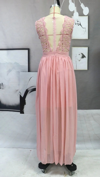 فساتين وصيفات العروس الكلاسيكية الوردية الأنيقة من الدانتيل والشيفون على شكل حرف A وظهر وهمي ماكسي رسمي لحفلات الزفاف والسهرة الرسمية