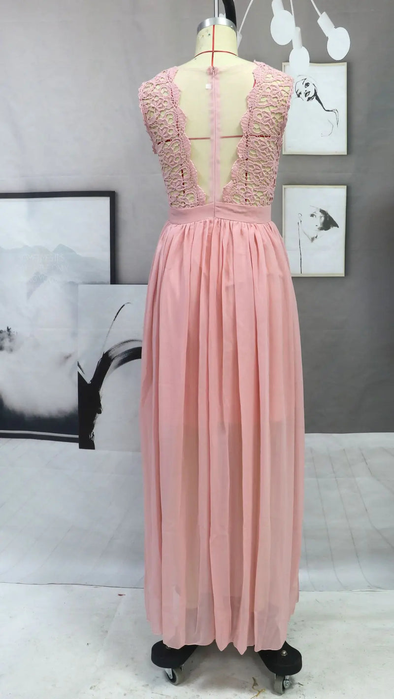 فساتين وصيفات العروس الكلاسيكية الوردية الأنيقة من الدانتيل والشيفون على شكل حرف A وظهر وهمي ماكسي رسمي لحفلات الزفاف والسهرة الرسمية