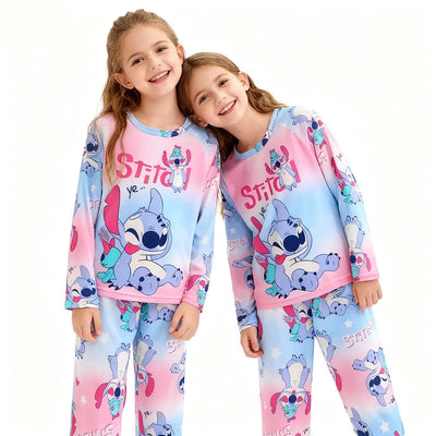 طقم بيجامات ناعم بأكمام كاملة من Lilo &amp; Stitch مناسب لفصل الربيع والخريف والشتاء للبنات، ملابس نوم مريحة للأطفال، ملابس نوم مريحة
