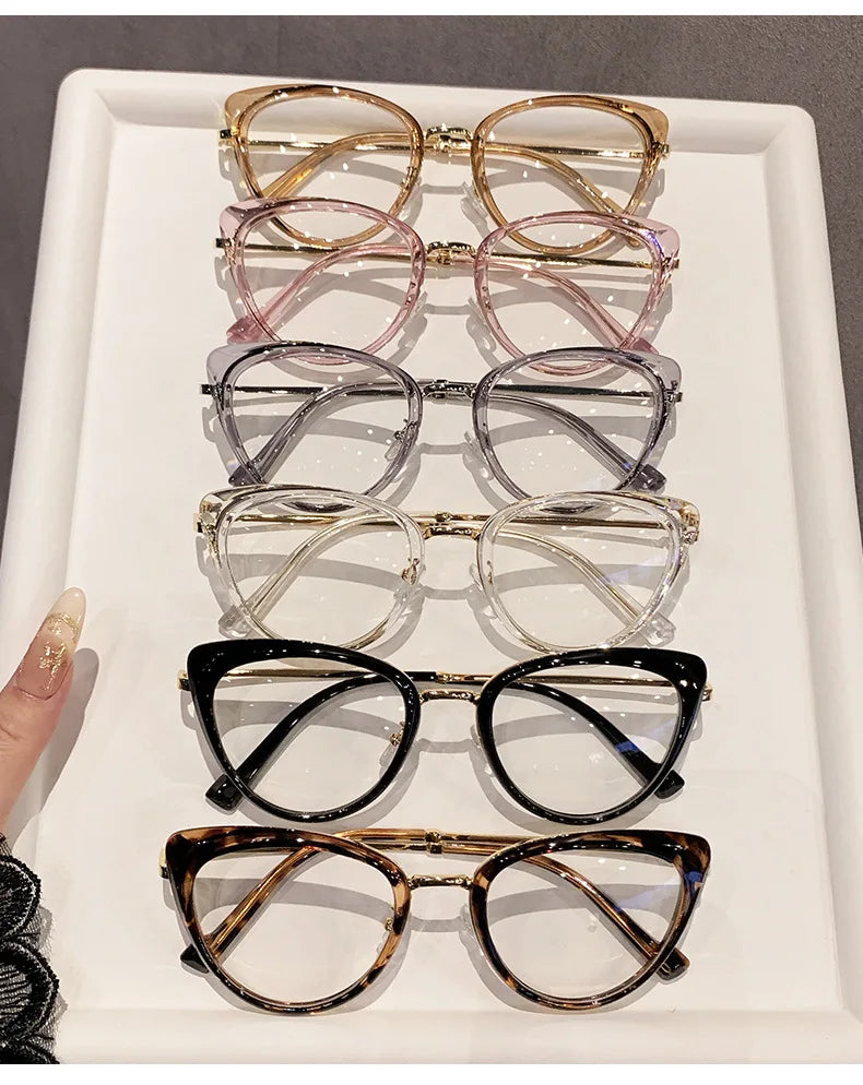 نظارات قصر النظر العصرية ذات التصميم المعدني على شكل عين القطة، غير عاكسة للضوء، متغيرة اللون، مضادة لقصر النظر، 038