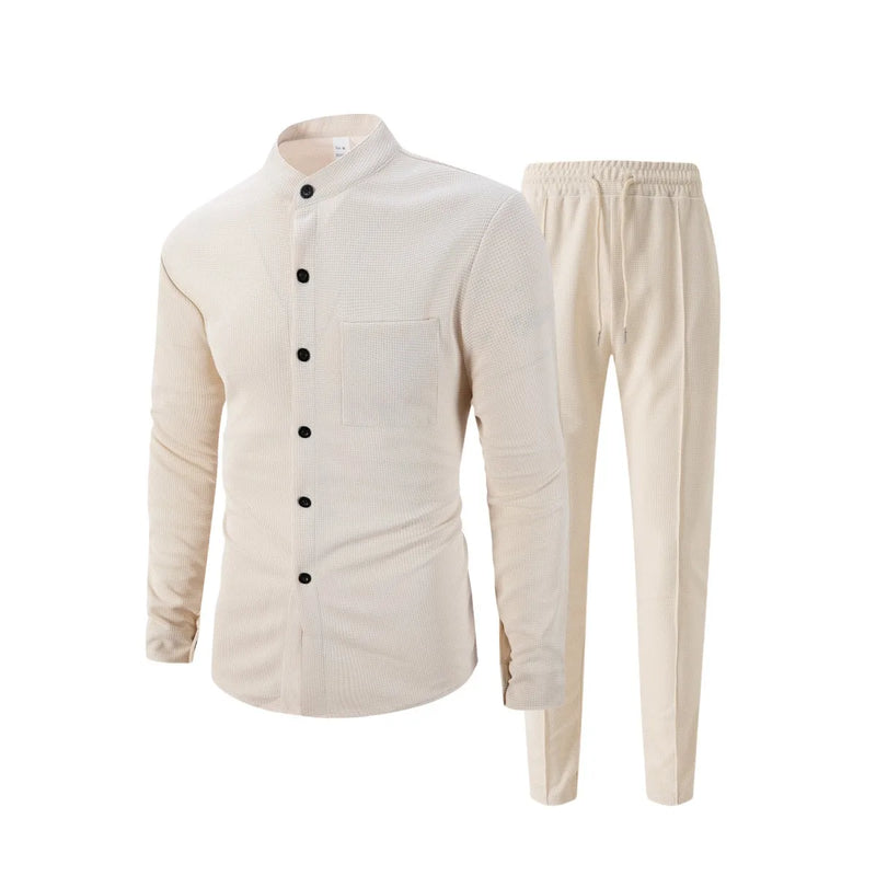 بدلة رجالية جديدة لفصل الخريف، قميص وافل سادة اللون بأكمام طويلة مع كارديجان بجيب، مجموعة ملابس رجالية أنيقة غير رسمية مع بنطلون طويل