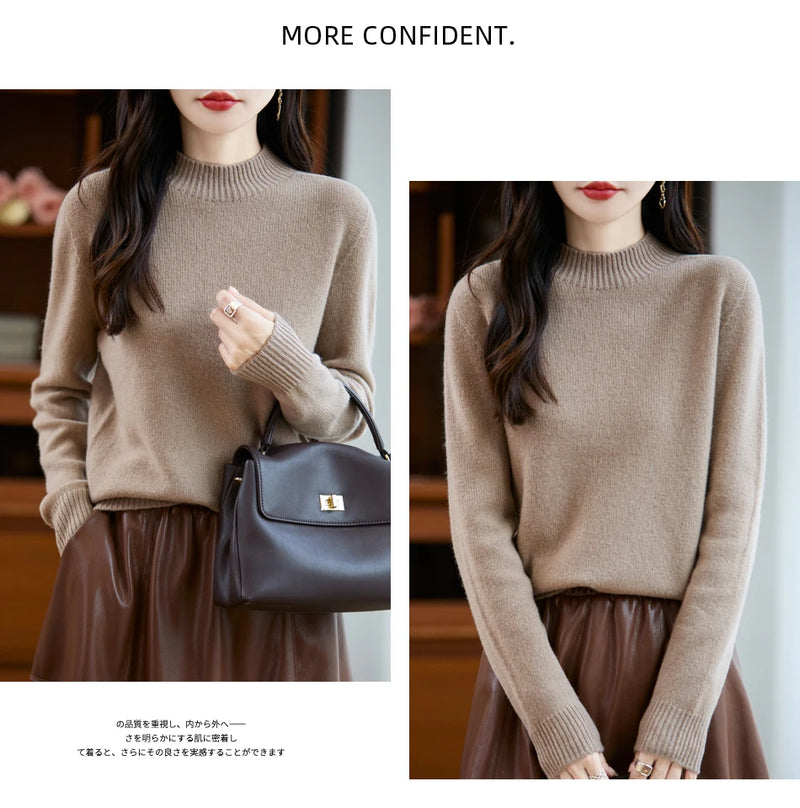 سترة نسائية أساسية للخريف والشتاء أنيقة سميكة من صوف ميرينو 100% محبوكة برقبة وهمية وملابس بأكمام طويلة