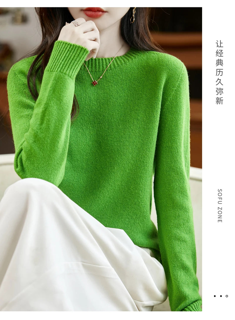 سترة نسائية أساسية للخريف والشتاء أنيقة من صوف ميرينو 100% محبوكة برقبة دائرية وأكمام طويلة وقماش جيرسي للسيدات