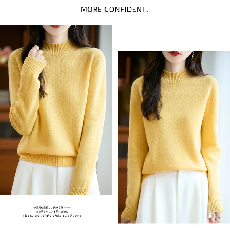 سترة نسائية أساسية للخريف والشتاء أنيقة سميكة من صوف ميرينو 100% محبوكة برقبة وهمية وملابس بأكمام طويلة