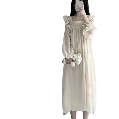 ثوب نوم دانتيل ملابس نوم نسائية كورية مكشكشة ثوب نوم ربيعي قطعة واحدة بيجامة بأكمام طويلة وياقة مربعة ملابس منزلية جديدة 2024