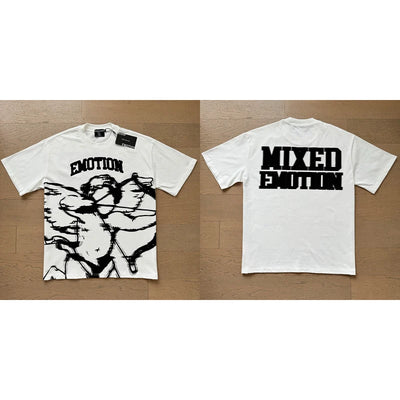 تي شيرت رجالي ونسائي فضفاض كاجوال برقبة دائرية وأكمام قصيرة، مطبوع عليه ملاك من High Street Fashion Hot Drill Streetwear MIXED EMOTION