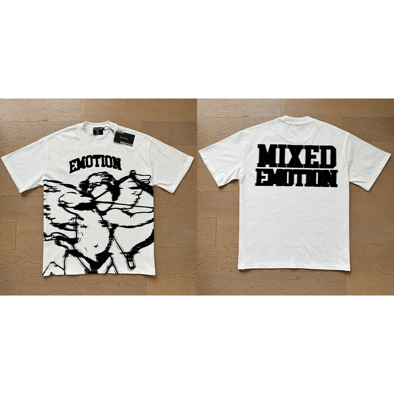 تي شيرت رجالي ونسائي فضفاض كاجوال برقبة دائرية وأكمام قصيرة، مطبوع عليه ملاك من High Street Fashion Hot Drill Streetwear MIXED EMOTION