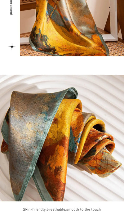 وشاح حريري مربع فاخر مطبوع باللون الأصفر بتصميم ريترو جديد لعام 2025 مصنوع من حرير التوت بنسبة 100% من فور سيزونز