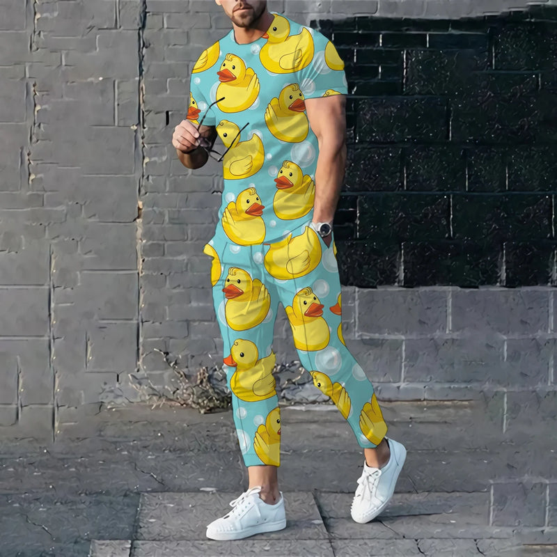 طقم ملابس رياضية رجالي مطبوع عليه بطة مضحكة ثلاثية الأبعاد، مكون من تي شيرت بأكمام قصيرة وبنطلون، مكون من قطعتين، بلوفر كبير الحجم، ملابس رجالية