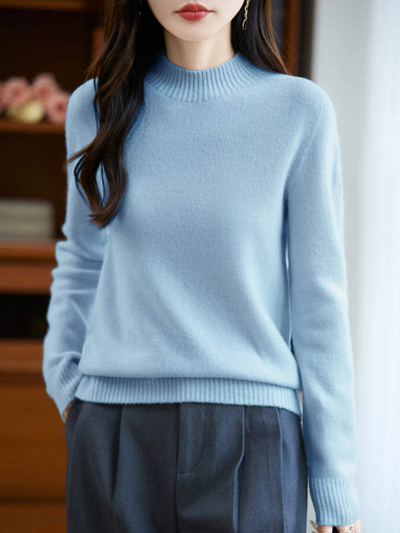 سترة نسائية أساسية للخريف والشتاء أنيقة سميكة من صوف ميرينو 100% محبوكة برقبة وهمية وملابس بأكمام طويلة