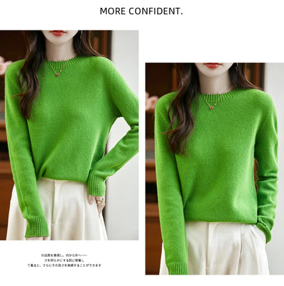 سترة نسائية أساسية للخريف والشتاء أنيقة من صوف ميرينو 100% محبوكة برقبة دائرية وأكمام طويلة وقماش جيرسي للسيدات