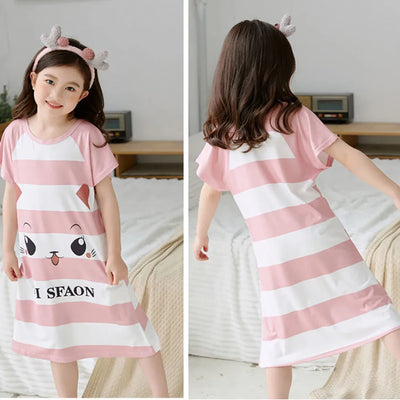 Summer Sleepwear for Girls Short-Sleeve Cartoon Unicorn Dino Nightgown Children Sleeping Clothes for Little Kids Bedtime Dress