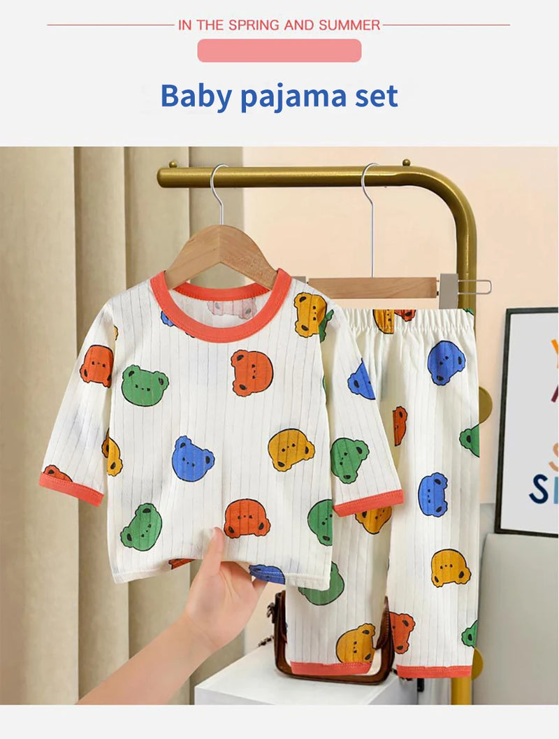 طقم بيجامات صيفي لطيف ومريح للأطفال بأكمام طويلة وملابس نوم قطنية وغرف مكيفة