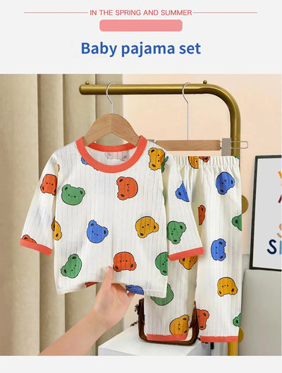 طقم بيجامات صيفي لطيف ومريح للأطفال بأكمام طويلة وملابس نوم قطنية وغرف مكيفة