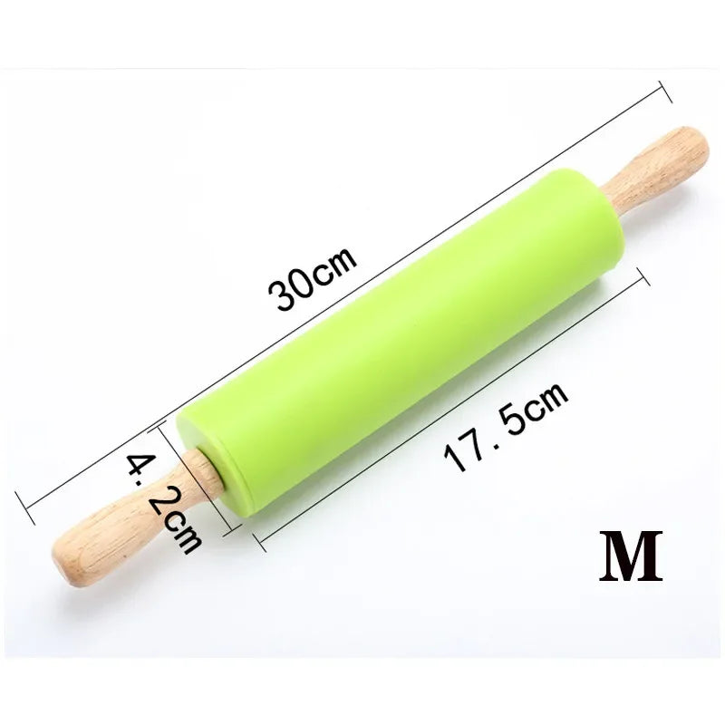 دبوس عجن غير لاصق من السيليكون بمقبض خشبي، أداة مطبخ للطبخ والخبز، عجينة المعكرونة والبسكويت