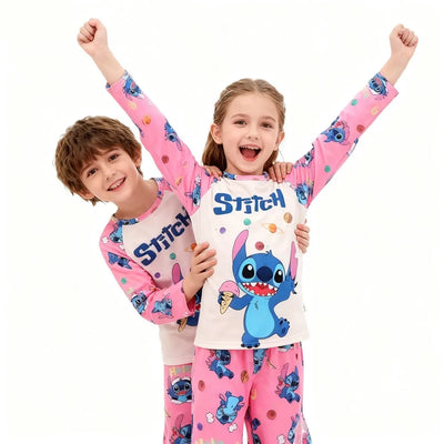 طقم بيجامات بأكمام طويلة بطبعة كرتونية للبنات - ملابس نوم وردية لطيفة من بيجامات ستيتش فيلز بيجامات نافيدينا ملابس نوم مريحة