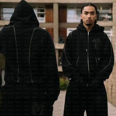 طقم سويت شيرت بقلنسوة وبنطال رياضي كاجوال بسحاب من أمريكا Y2K مكون من قطعتين، سويت شيرت هيب هوب مطرز كبير الحجم للرجال والنساء، بنطلون كاجوال