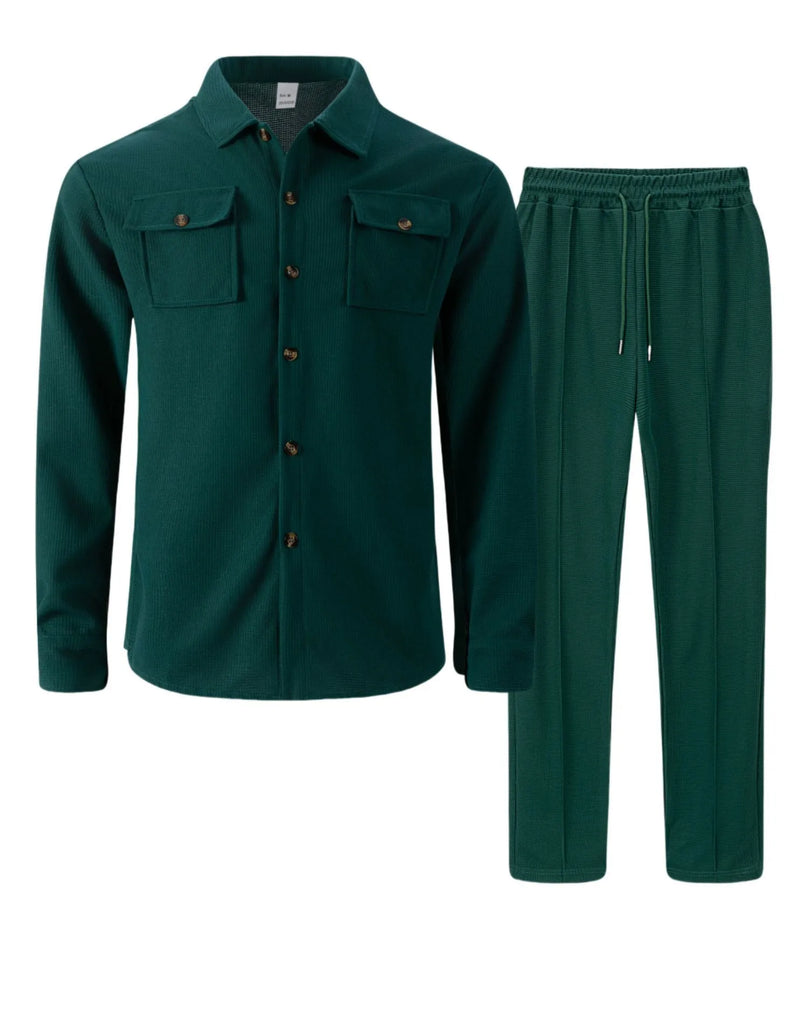 طقم قميص وبنطلون كارديجان بأكمام طويلة ولون سادة وجيبين وأزرار بتصميم خريفي جديد