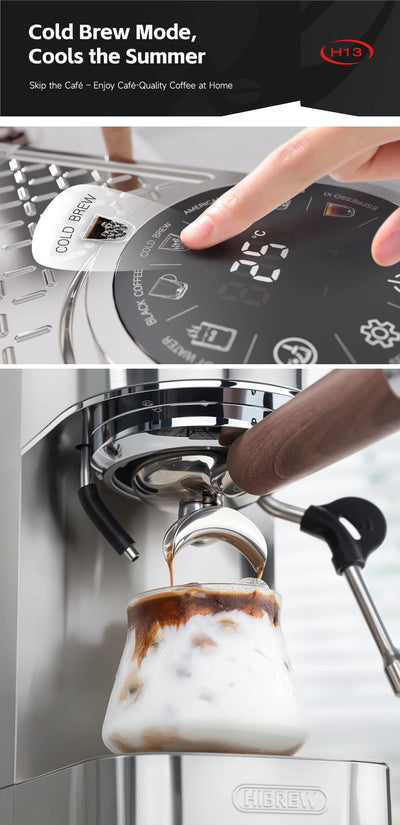 ماكينة صنع قهوة الإسبريسو نصف أوتوماتيكية من HiBREW، بثلاثة مستويات قابلة للتعديل لدرجة الحرارة، بارد/ساخن، 20 بار، ماكينة صنع قهوة كابتشينو H13