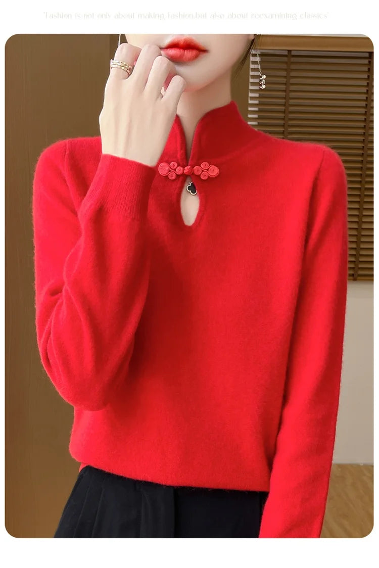 سترة نسائية جديدة محبوكة من الصوف على الطراز الصيني لفصل الخريف والشتاء بياقة واقفة ومزاجية أنيقة ZD-3012