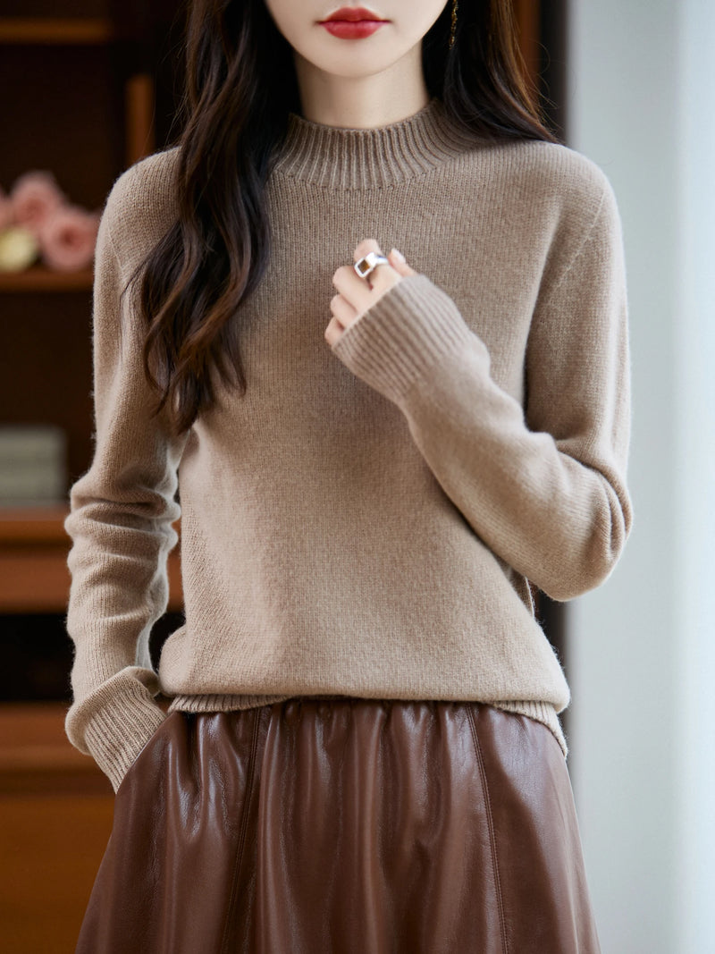 سترة نسائية أساسية للخريف والشتاء أنيقة سميكة من صوف ميرينو 100% محبوكة برقبة وهمية وملابس بأكمام طويلة