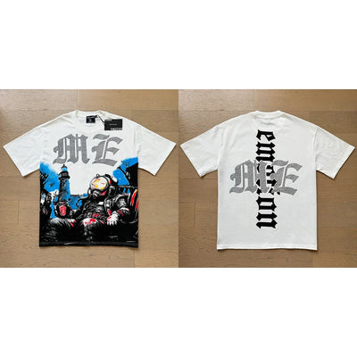 تي شيرت رجالي ونسائي فضفاض كاجوال برقبة دائرية وأكمام قصيرة، مطبوع عليه ملاك من High Street Fashion Hot Drill Streetwear MIXED EMOTION