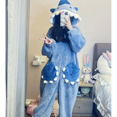 ملابس نوم نسائية بغطاء للرأس بتصميم سمكة قرش لطيفة كرتونية من Kigurumi Unicorn ملابس تنكرية شتوية بيجاما ملابس نوم نسائية لحفلات الكريسماس